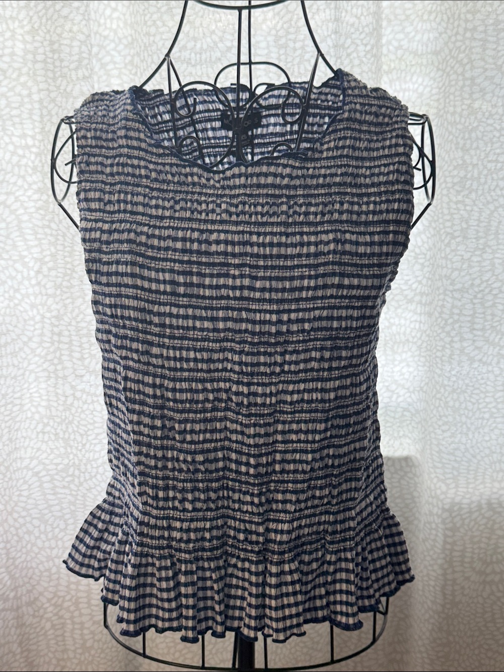 Sleeveless Navy and White Smocked Peplum Top, S, NWT